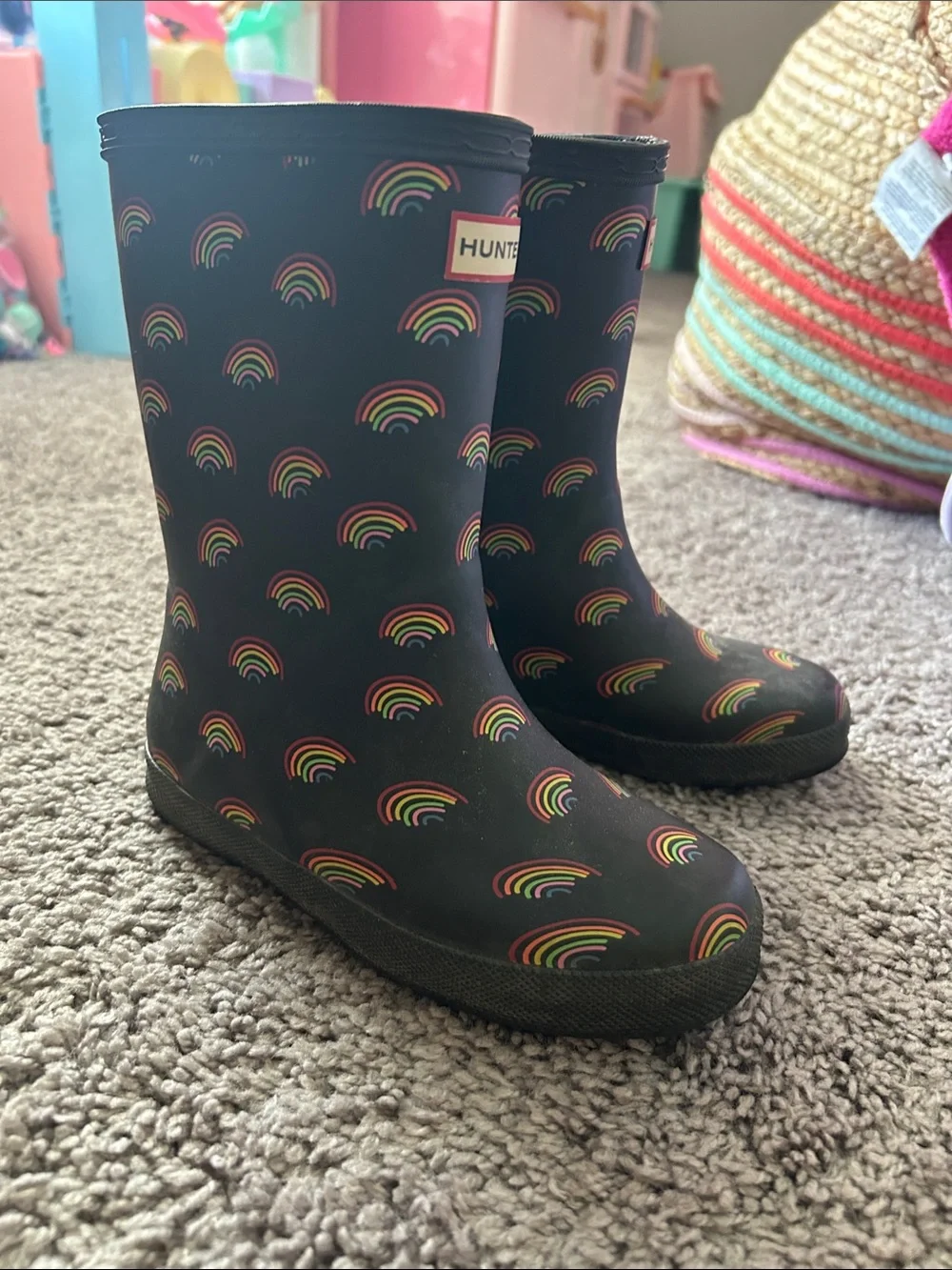 Hunter Black Rain Boots with Rainbow Motif